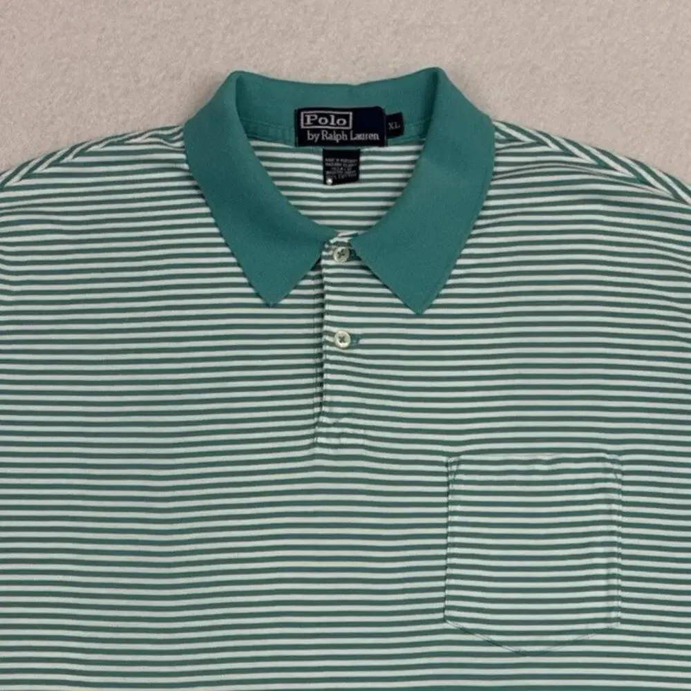 Polo Ralph Lauren Pocket Polo Shirt Mens XL Green White Striped Cotton Golf